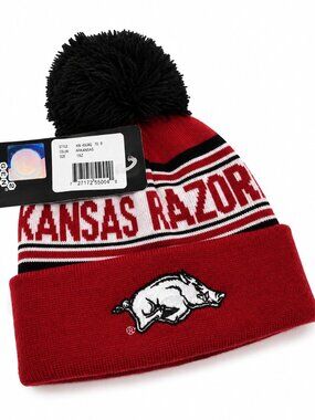 Arkansas Razorbacks Pom Pom Knit Beanie Red & Black Winter Hat NWT